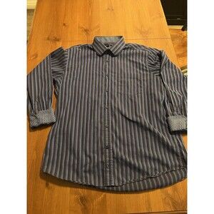 Bugatchi Uomo XL Shirt Blue Stripe Flip Cuff Modern Dress Shirt Long Sleeve